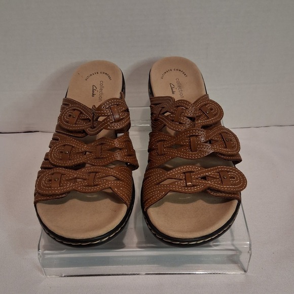 Clarks Collection Ultimate Comfort Brown Leather Woven Slide Sandals Women's 8 - Picture 4 of 8